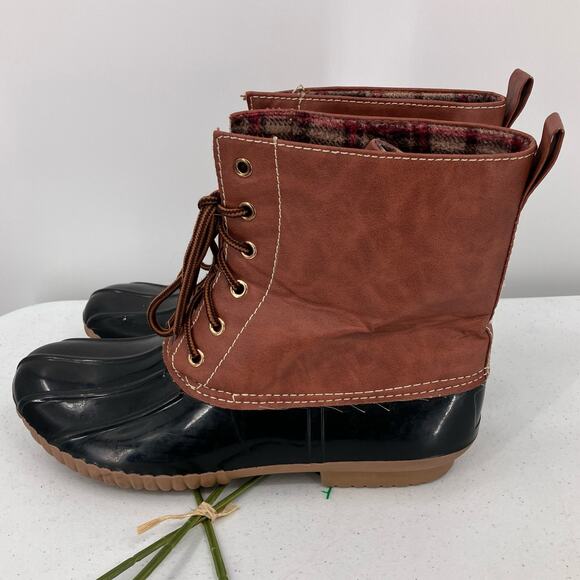 Adriana Brown Black Tan Red Plaid Flannel Lined Lace Up Duck Winter Rain Boots - Picture 3 of 11